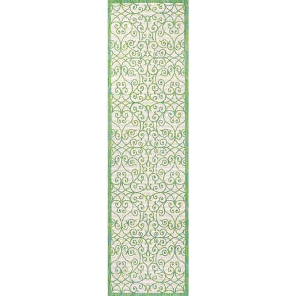 Madrid Vintage Filigree Textured Weave Cream/Green 2 ft. x 10 ft. Indoor/Outdoor Area Rug