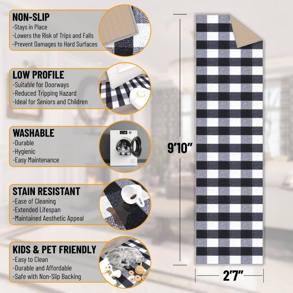 Black and White Checkered Synthetic Runner Rug 2'7" x 9'10"