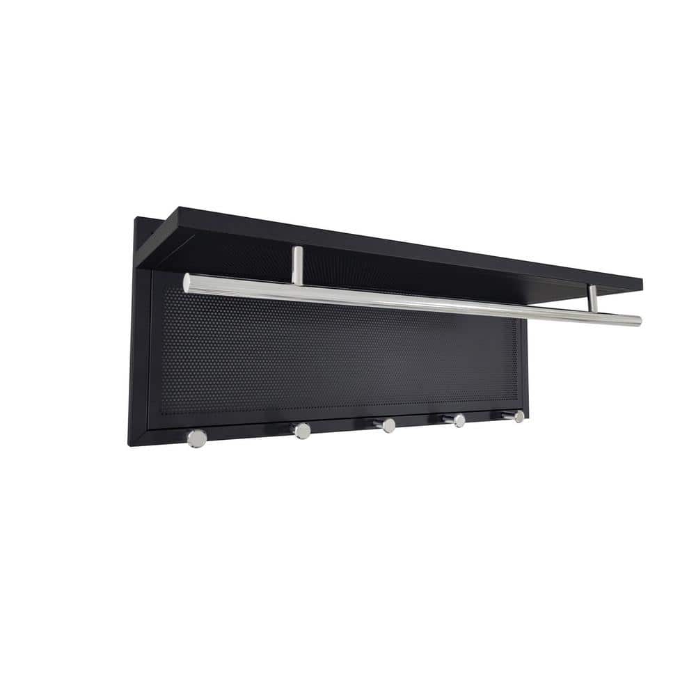 Black Metal Wall Mounted Shelf with Chrome Hooks