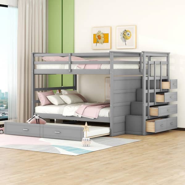 Gray Full Over Full Bunk Bed with Twin Size Trundle and Staircase