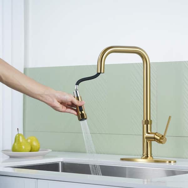 Brass Single Handle Pull Down Sprayer Kitchen Faucet with Advanced Spray, Deck Plate and Supply Lines in Gold
