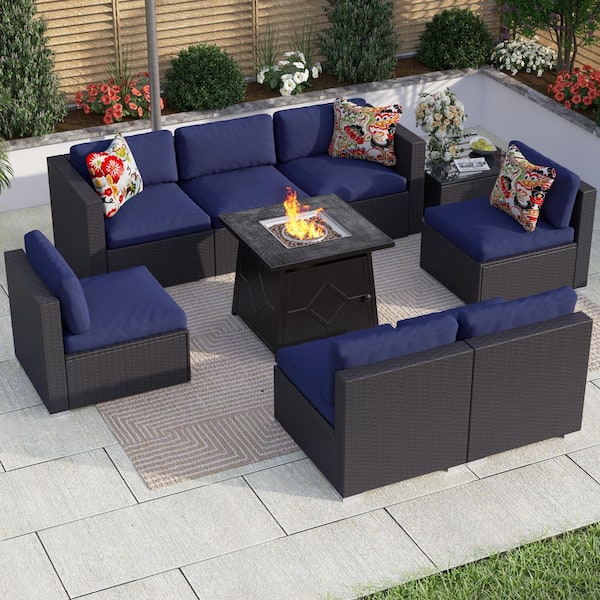 PHI VILLA Dark Brown Rattan Wicker 7 Seat 9-Piece Steel Outdoor Fire ...