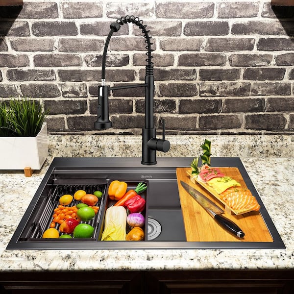 All-in-One Matte Black Finished Stainless Steel 33 in. x 22 in. Single Bowl Drop-in Kitchen Sink with Spring Neck Faucet