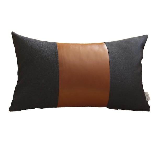 MIKE & Co. NEW YORK Bohemian Vegan Faux Leather Black and Brown 12 in. x 20 in. Lumbar Solid Throw Pillow
