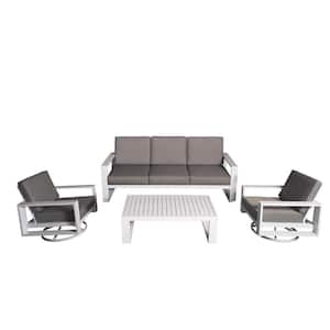 4-Piece Aluminum Patio Conversation Set with Gray Cushions and White Coffee Table - 2 Swivel plus 3-Seater Sofa
