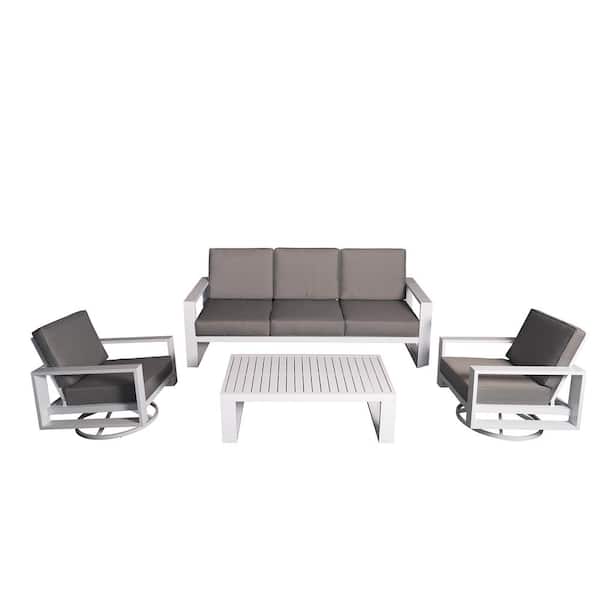PATIOPTION 4-Piece Aluminum Patio Conversation Set with Gray Cushions and White Coffee Table - 2 Swivel plus 3-Seater Sofa