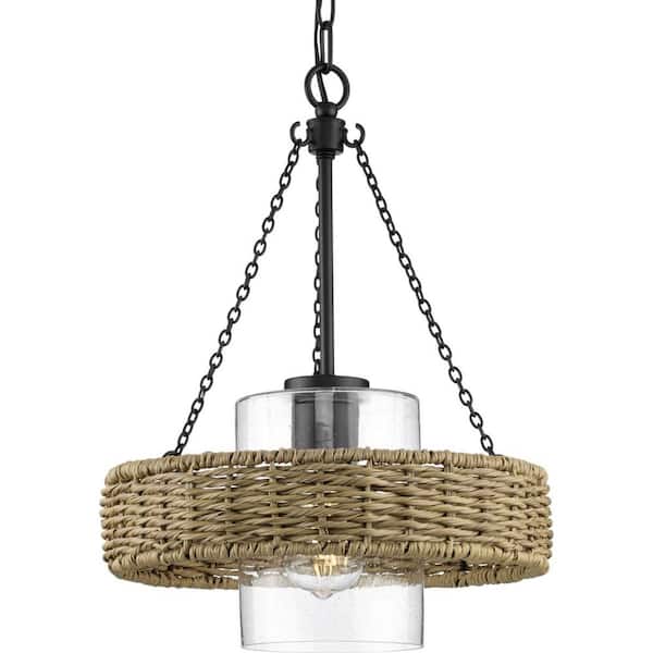 Progress Lighting Pembroke Collection 1-Light 18.5 in. Matte Black Outdoor Pendant with Mocha Rattan Accents and Seeded Glass Shade