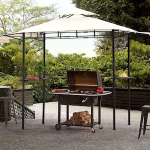 12 ft. x 4.3 ft. Beige Outdoor Patio Grill Gazebo BBQ Gazebo Canopy with Side Canopy and Bar Counters