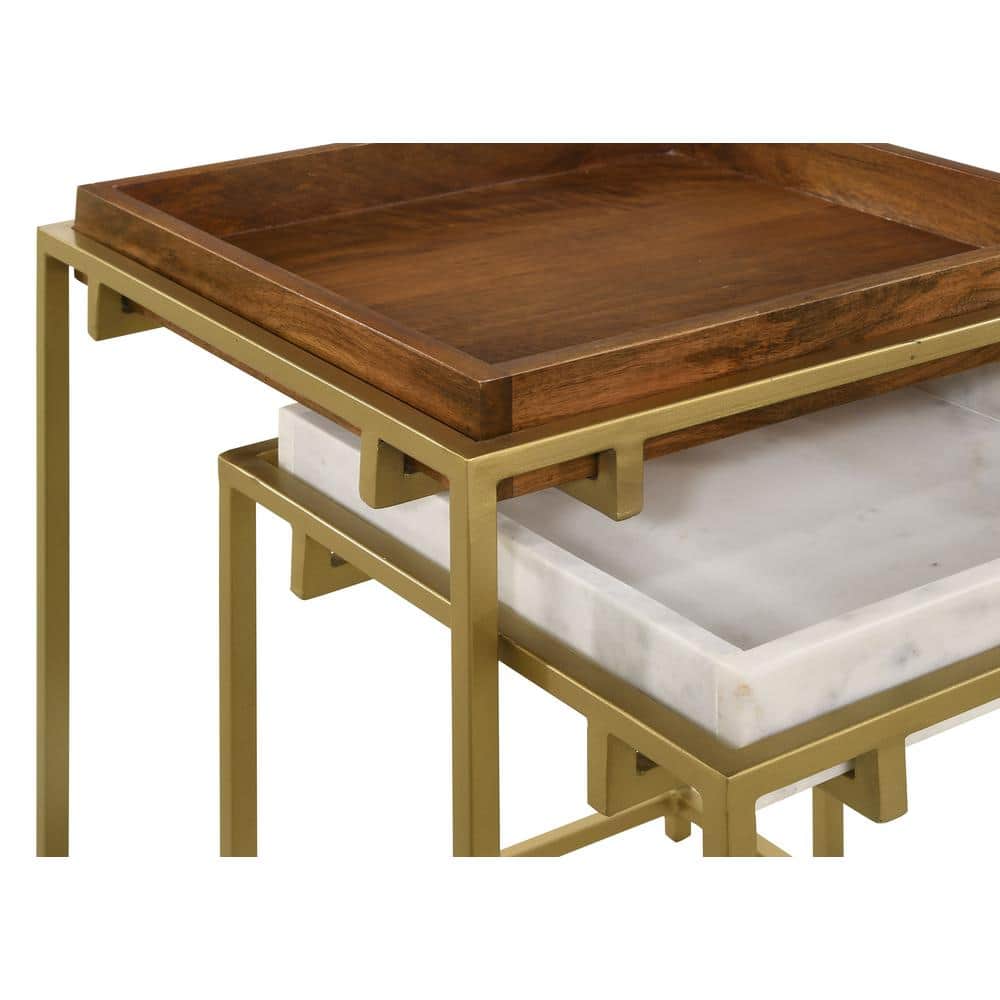 Gold and Brown Mango Wood Square Nesting Tables with Metal Frame
