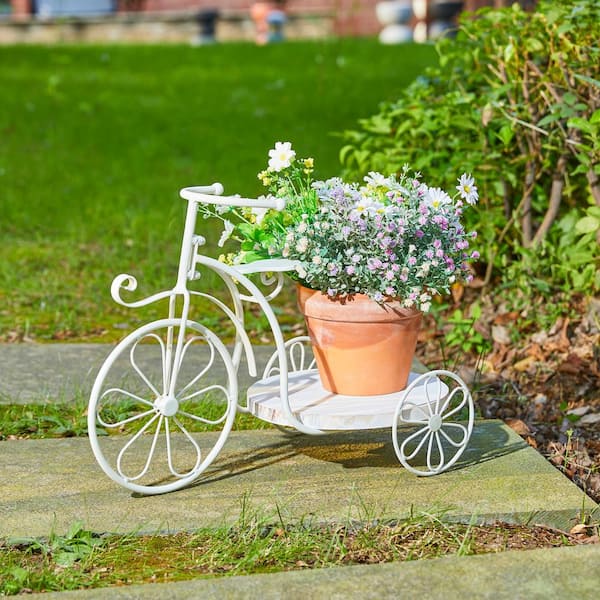 Glitzhome 18 in. L Washed White Solid Wood and Metal Tricycle Planter Stand Kits and Accessories