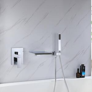 Single-Handle Wall Mount Roman Tub Faucet with Hand Shower and Waterfall Spout in Chrome (Valve Included)