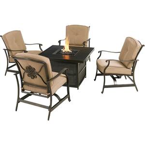 Traditions 5-Piece Aluminum Patio Fire Pit Set with Tan Cushions, 4 Rocker Chairs, 38 in. Gas Fire Pit Table with Lid