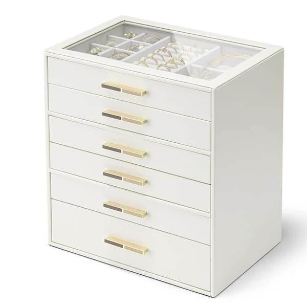 Cloud White 9.8 in. x 10.6 in. Polyurethane Modern Jewelry Box Organizer with Glass Lid and 6 Drawers Z0DLP1V4VV