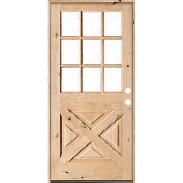 Krosswood Doors 36 in. x 80 in. Knotty Alder Left-Hand/Inswing X-Panel 1/2 Lite Clear Glass Unfinished Wood Prehung Front Door