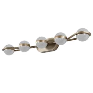 35.4 in. 5-Light Brushed Gold LED Vanity Light with Frosted White Shade