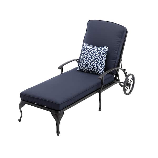 Afoxsos Chaise Brown Lounge Outdoor Chair with Navy Blue Cushions (1-Piece)