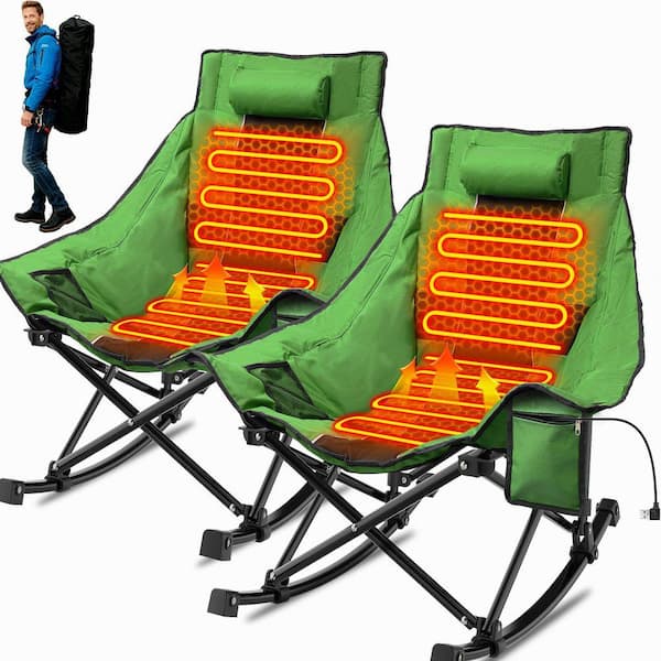 2PK Heated Camping Rocking Chair, Dual-Zone 3-Level Heated Camping Chair with Cup Holder, Portable Folding Padded Chair