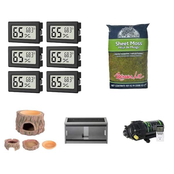Digital Thermometer Hygrometer (6-Pack), 325 sq. in. Sheet Moss, Misting System, Reptile Hide Cave and 24 in. Lounge