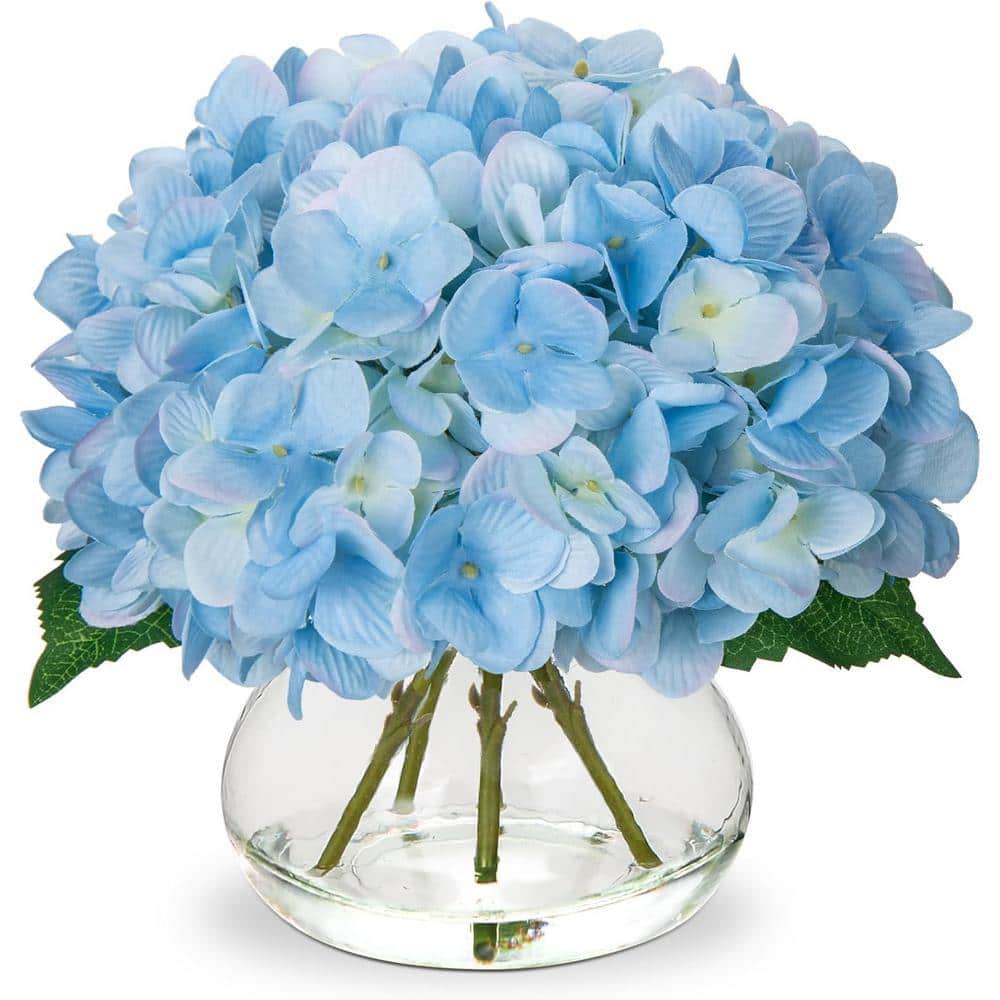 9.5 in. Blue Indoor Artificial Hydrangea Flowers in Glass Vase