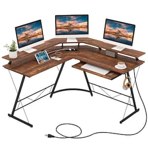 51 in. L-Shaped Rustic Brown Wood Desk with Power Outlet