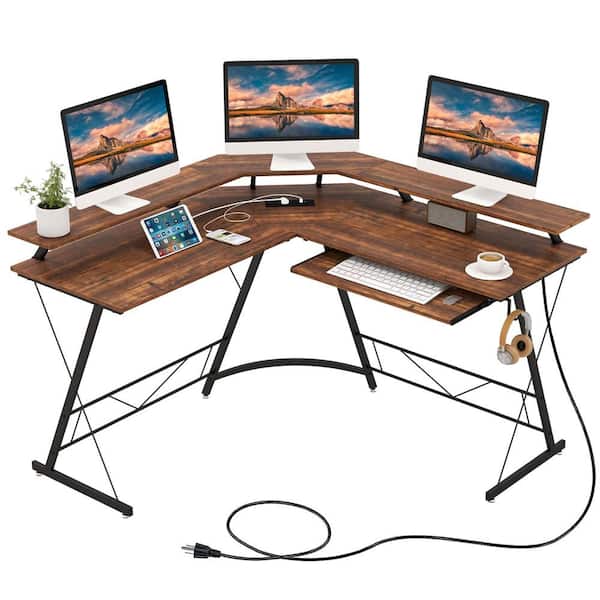 Costway 51 in. L-Shaped Rustic Brown Wood Desk with Power Outlet