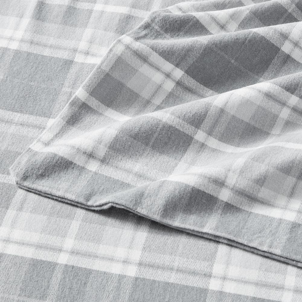 King Gray Cotton Flannel Plaid Sheet Set