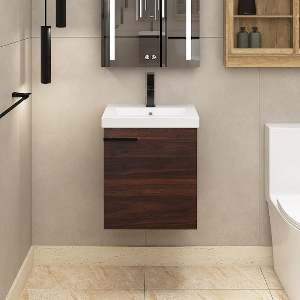 Staykiwi 18 in. W x 15 in. D x 21 in. H Single Sink Wall-Mounted Bath Vanity in California Walnut with White Ceramic Top