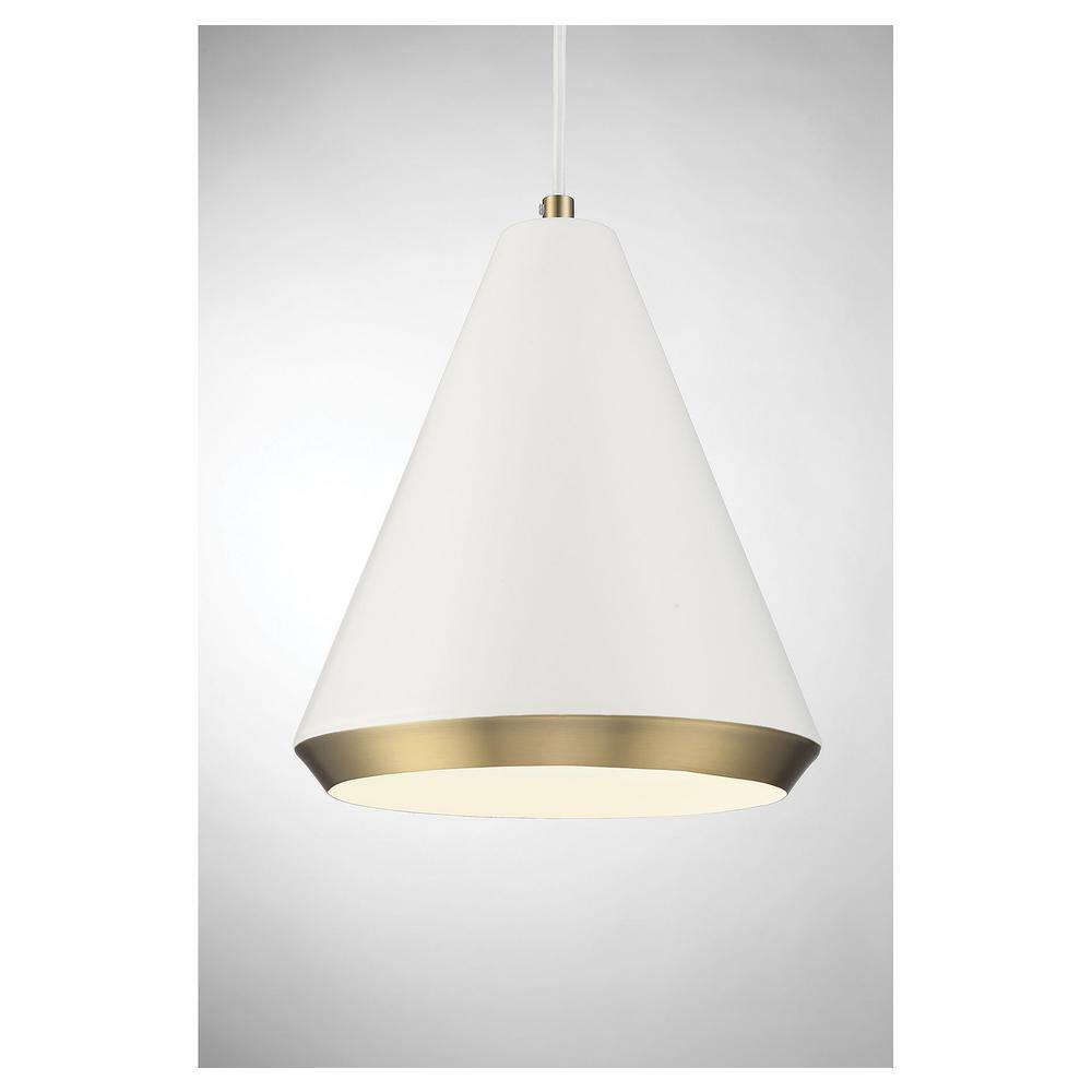 White and Brass Cone Pendant Light with Metal Shade