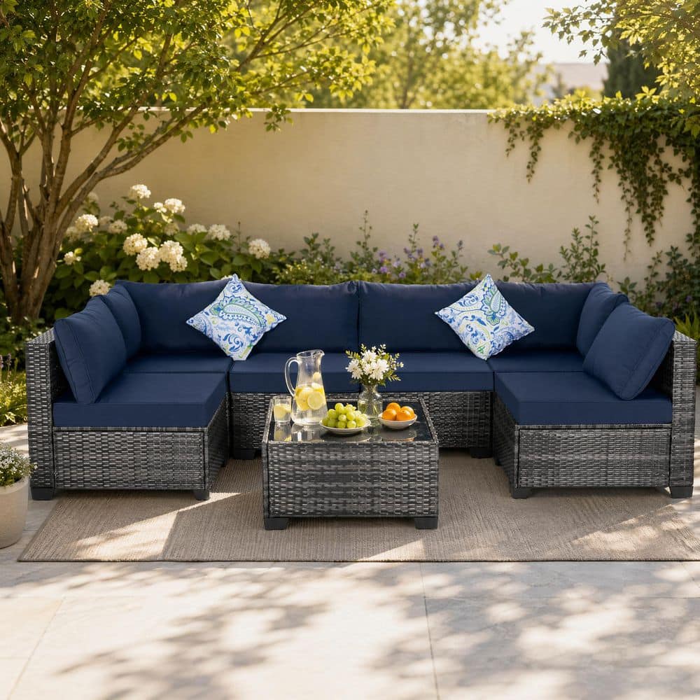 Ama pear 7-Piece Wicker Outdoor Patio Sectional Sofa, All-Weather PE Rattan Conversation Set with Blue Cushions and Coffee Table jk-318