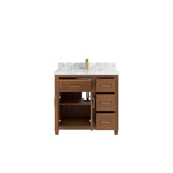 Willow Collections Santa Monica 36 in. W x 22 in. D x 36 in. H Single Sink Bath Vanity Center in Dark Natural with 2" Carrara Marble Top
