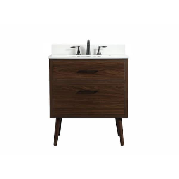 Unbranded Simply Living 30 in. W x 22 in. D x 33.5 in. H Bath Vanity in Walnut with Ivory White Engineered Marble Top