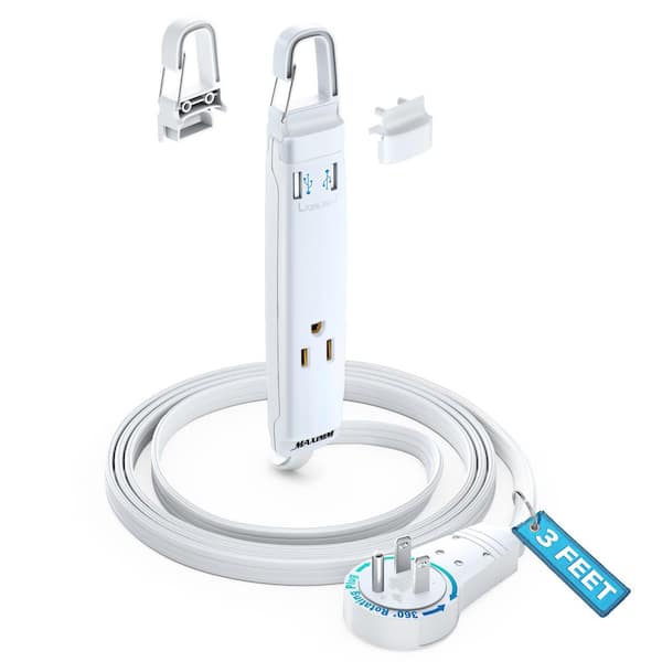 MAXIMM 3 ft. 16 / 3 Light Duty Indoor Extension Cord with 360° Rotating Flat Plug 3 Outlet with Hook and USB White