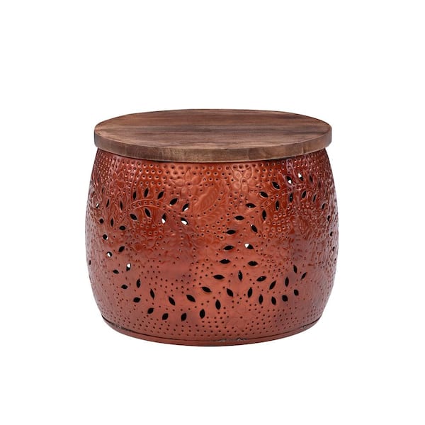 Linon Home Decor Aaliyah Copper Metal 22.5 in. Round 16 in. H Storage Drum Table with Mango Wood Top