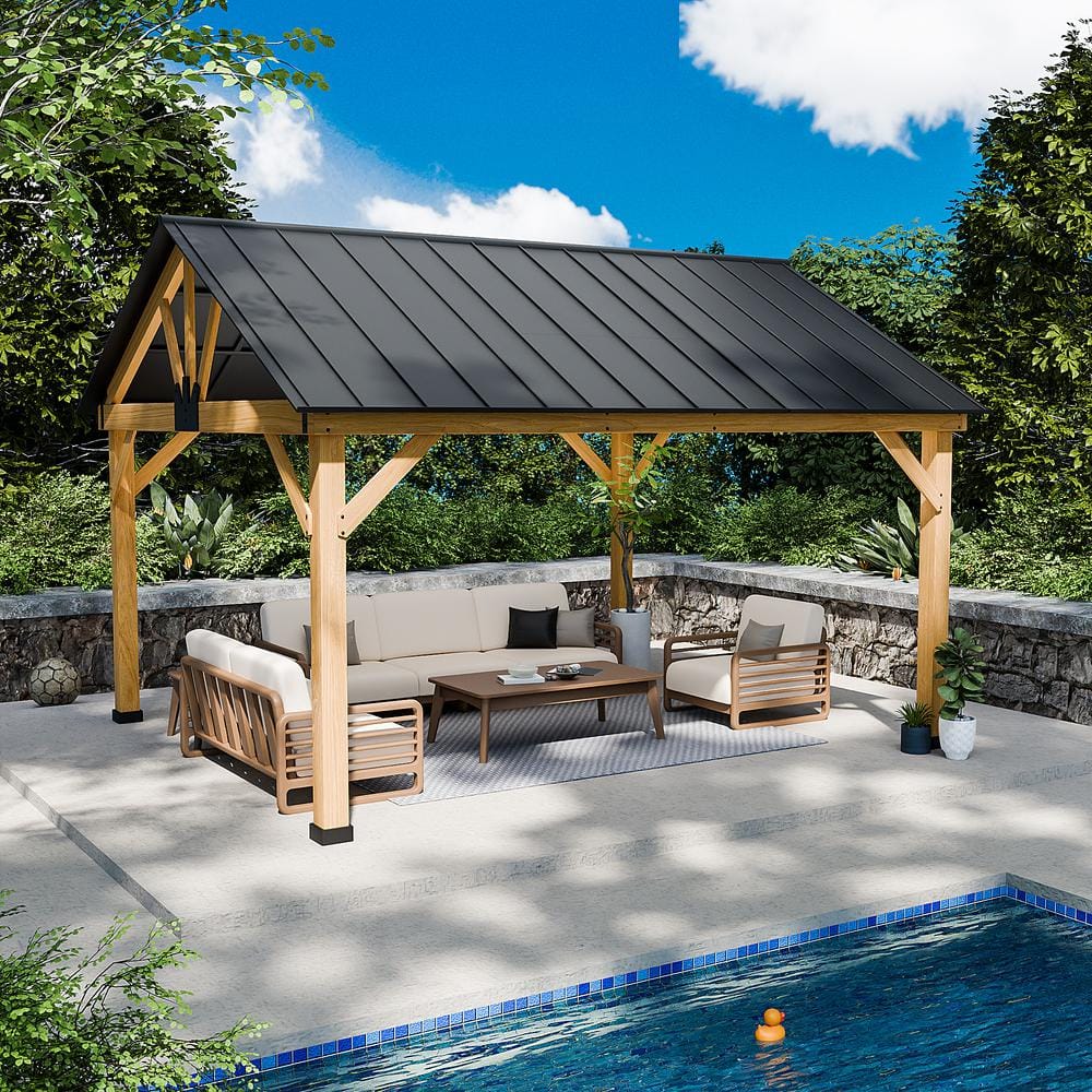 13 ft. x 11 ft. Cedar Wood Patio Gazebo with Black Steel Roof