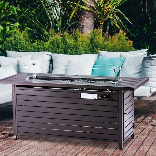 57 in. Aluminum Fire Pit Table with Glass Wind Guard with Cover and Table Lid, Bronze
