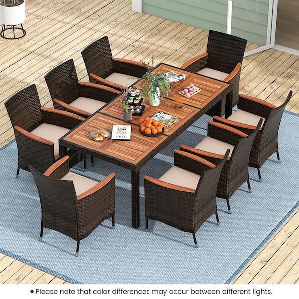 9-Piece Wicker Outdoor Dining Set Acacia Wood Table Top Umbrella Hole Chairs with Beige Cushions