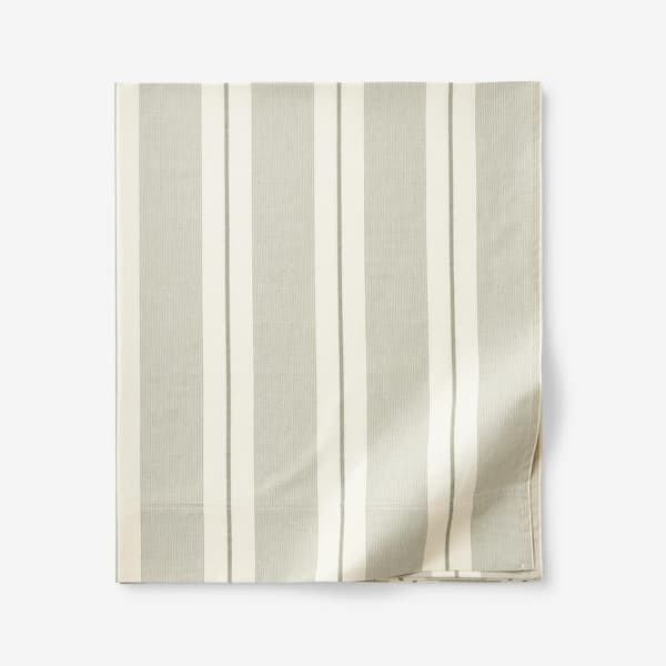 Wide Stripe T200 Yarn Dyed Moss Green Cotton Percale Queen Flat Sheet