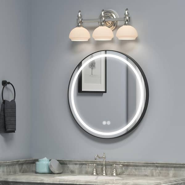 HOROW 32 in. W x 32 in. H Round Metal Framed Anti-Fog Dimmable and Vertical Wall Bathroom Vanity Mirror in Black