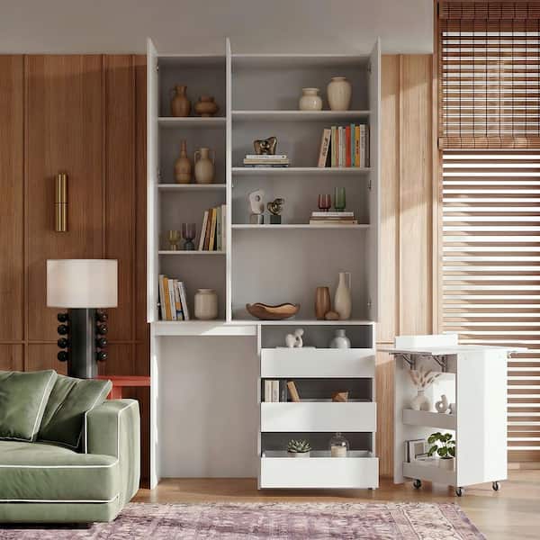 2-Piece White Wood 47.2 in. Queen Bedroom Set With Expandable Side Table, Swivel Wheels, Soft-Close Doors