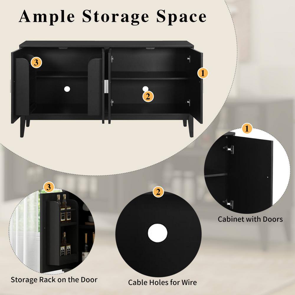 Black Rubberwood and MDF 60" Modern Sideboard with Adjustable Shelves