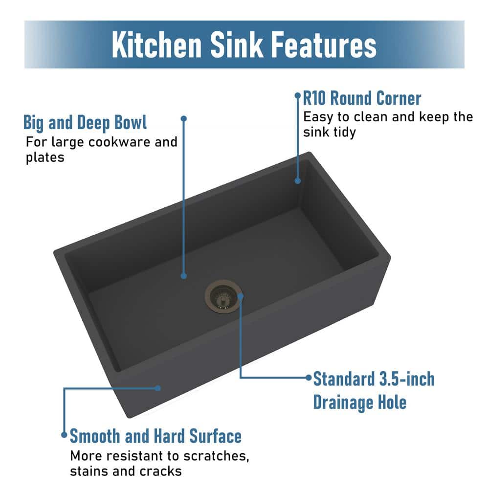 33'' Black Earth Concrete Farmhouse Apron Single Bowl Kitchen Sink