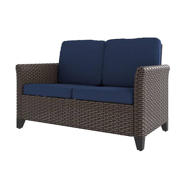 2-Seat Wicker Outdoor Patio Sofa Sectional Couch with Blue Cushions