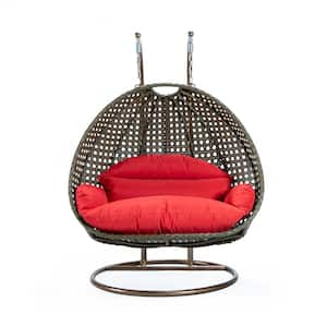 Beige Wicker Hanging 2-Person Egg Swing Chair Porch Swing With Red Cushions