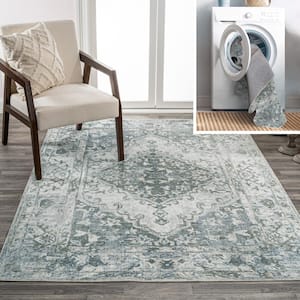 Pavel Light Gray/Blue 3 ft. x 5 ft. Distressed Medallion Low-Pile Machine-Washable Area Rug