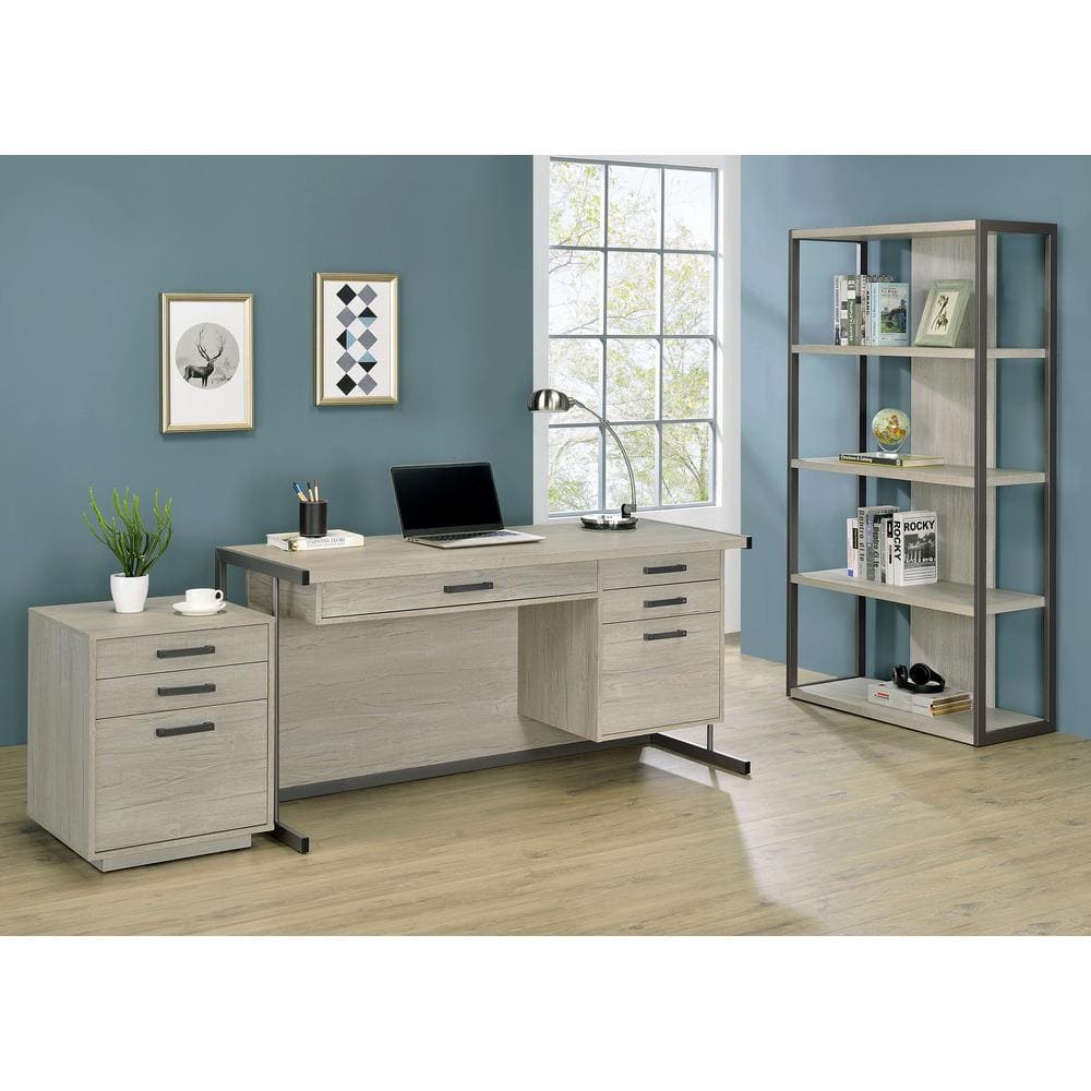 Whitewashed Gray Wood Office Desk with Filing Cabinet