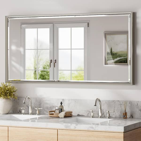 48 in. W x 24 in. H Aluminum Beveled Edge Rectangular Framed Bathroom Vanity Wall Mount Mirror in Brushed Nickel