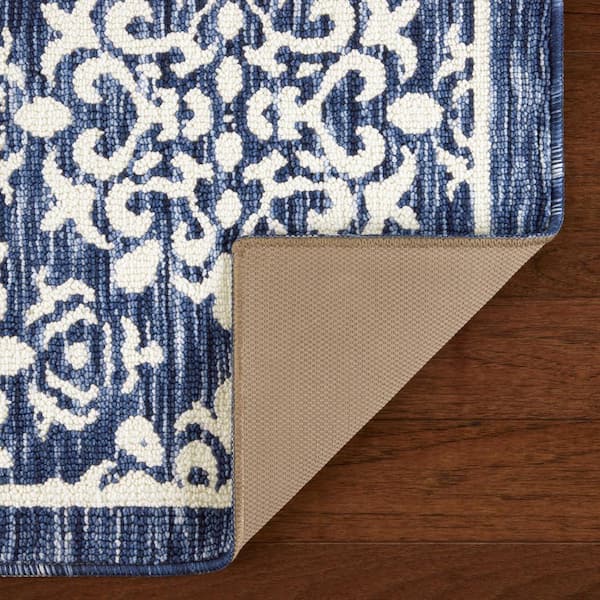 Town & Country Living Everyday Walker Damask Medallion Navy Blue 24 in. x 72 in. Machine Washable Runner Kitchen Mat