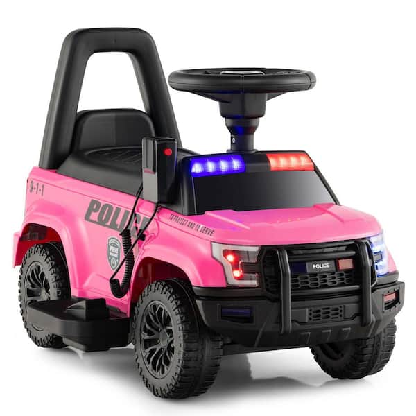 Costway 5.7 in. 2-in-1 6-Volt Kids Ride On Police Car Toddler Push Car with Megaphone and Siren Pink