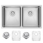 Undermount Stainless Steel 31 in. Double Bowl Kitchen Sink with Strainer and Grid in Satin