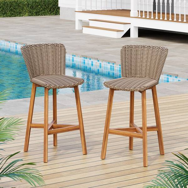 Teak Finished Wood with Light Brown Wicker Outdoor Bar Stool with Durable and Stylish Design (2-Pack)